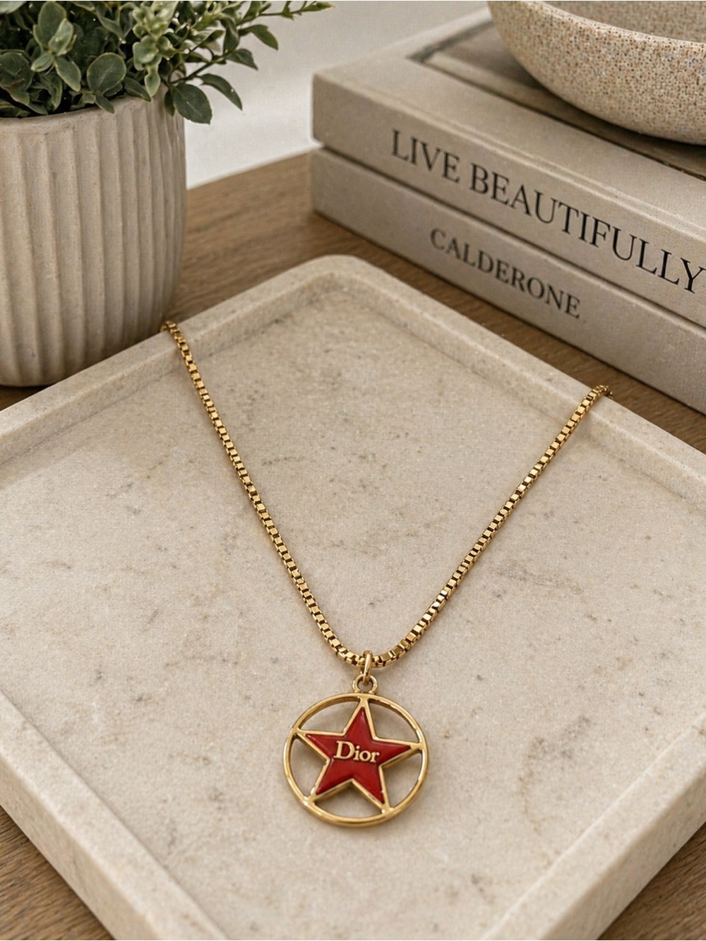 Dior Red Star Pendant Gold Necklace